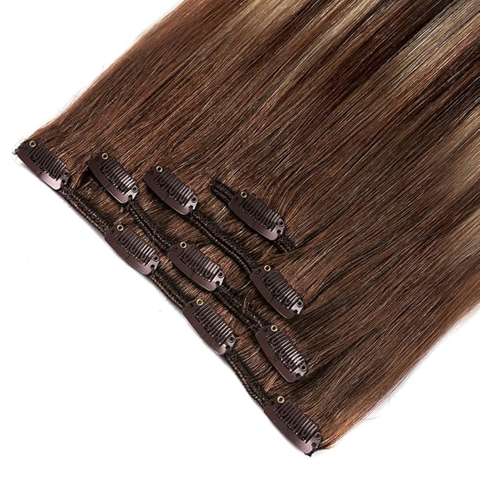 22" Hair Extensions Clip in Human Hair for Women - Silky Straight Chocolate Brown to Honey Blonde Highlight Brown Ombre Hair 90grams 4pieces #(4T27) P4 Color