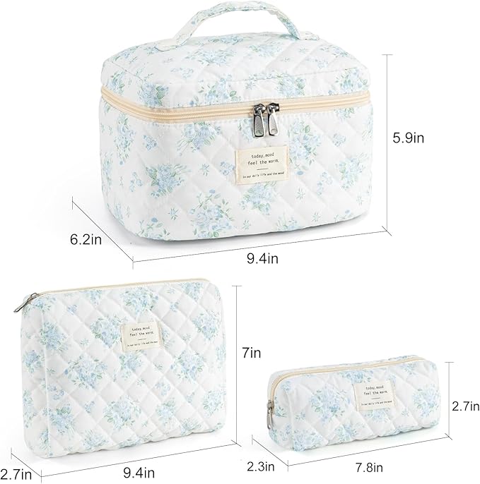 Makeup Bag for Women 3PCS Quilted Cotton Make Up Bag Travel Cosmetic Bag Large Makeup Bag Set Cute Makeup Bags Organizer Floral Toiletry Bag Makeup Pouch, Blue