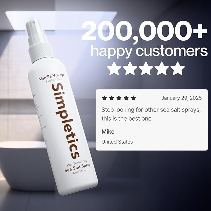 Simpletics Himalayan Sea Salt Hair Spray (Vanilla Scent) – Natural 5-Ingredient Formula for Beach Waves & Volume – Light Hold, Non-Greasy, Paraben & Sulfate Free – Unisex 8 fl oz