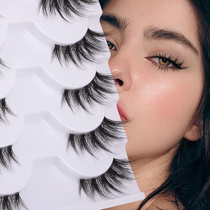 Half Lashes Manga Natural Wispy 3/4 False Eyelashes Cat Eye Lashes Volume Clear Band False Lashes that Look Like Extensions Soft Handmade Reusable Lashes Pack