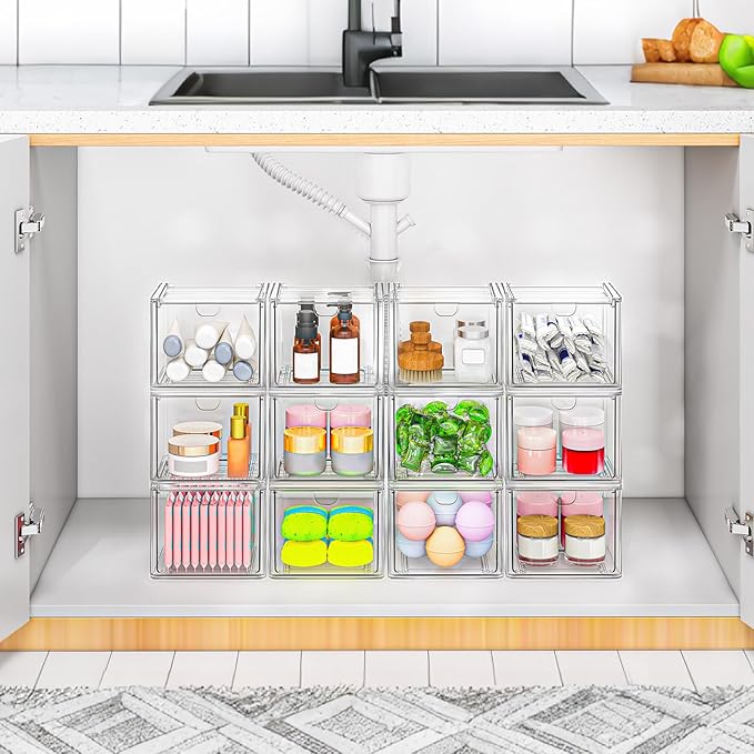 Stackable Stroage Drawers, Acrylic Makeup Organizer, Plastic Storage Bins For Vanity, Undersink, Kitchen Cabinets, Pantry, Home Organization – Clear