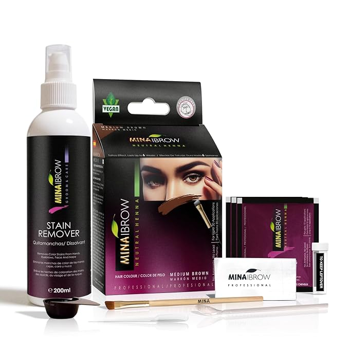 MINA iBrow Henna Hair Color Professional Tint Kit with Brush & Stain Remoer | Covers Grays-Lasts up to 6 weeks | No Ammonia No Lead | Vegan & Cruelty Free | up to 30 Applications (Medium Brown)