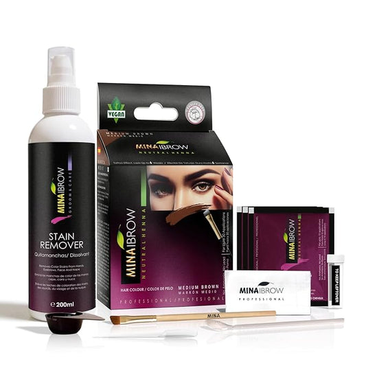 MINA iBrow Henna Hair Color Professional Tint Kit with Brush & Stain Remoer | Covers Grays-Lasts up to 6 weeks | No Ammonia No Lead | Vegan & Cruelty Free | up to 30 Applications (Medium Brown)