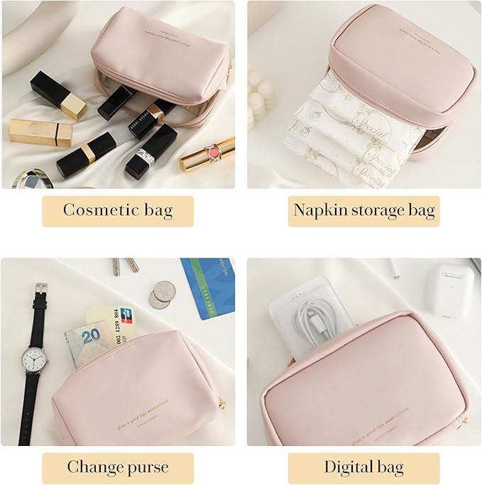 Small Cosmetic Bag Zipper Pouch Travel Makeup Bag for Women Portable Lipstick pouch Purse Waterproof Makeup Organizer Great Gifts Pink