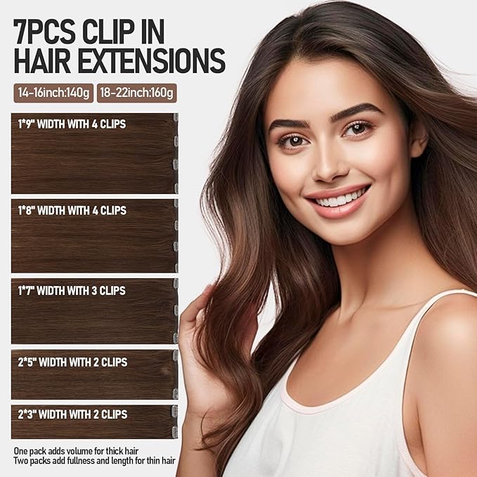 VINBAO Clip in Human Hair Extensions Chocolate Brown Real Human Hair Clip in Hair Extensions For Women 16in 7pcs 140g Dark Brown Full Head Double Weft (#HC4,16'')