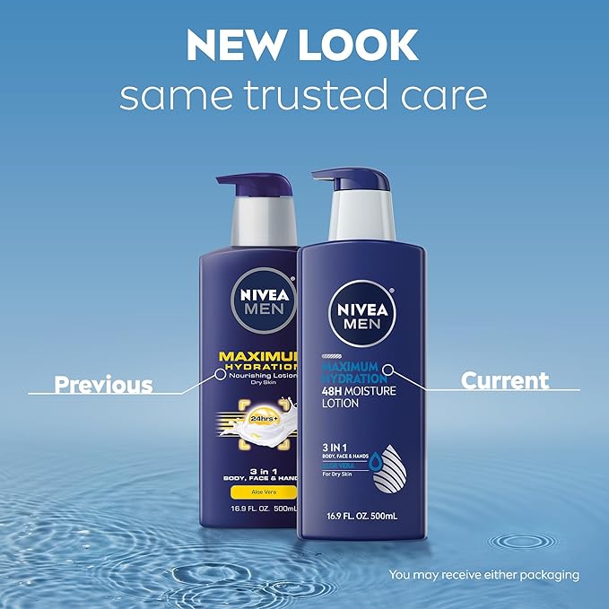 NIVEA MEN Maximum Hydration 48-Hour Moisture Body Lotion for Dry Skin, Aloe Vera Lotion for Men, 3-in-1 Body, Face and Hands, Dermatologically-Tested, Holiday Gifts for Men, 16.9 Fl Oz Bottle