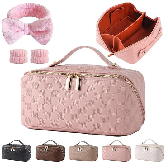 Travel Makeup Bag Travel Toiletry Bag Waterproof PU Leather Checkered Makeup Organizer Bag Woman Cosmetic Organizer Bag With Headband and Wristband Set(Pink, Checkerboard pattern)