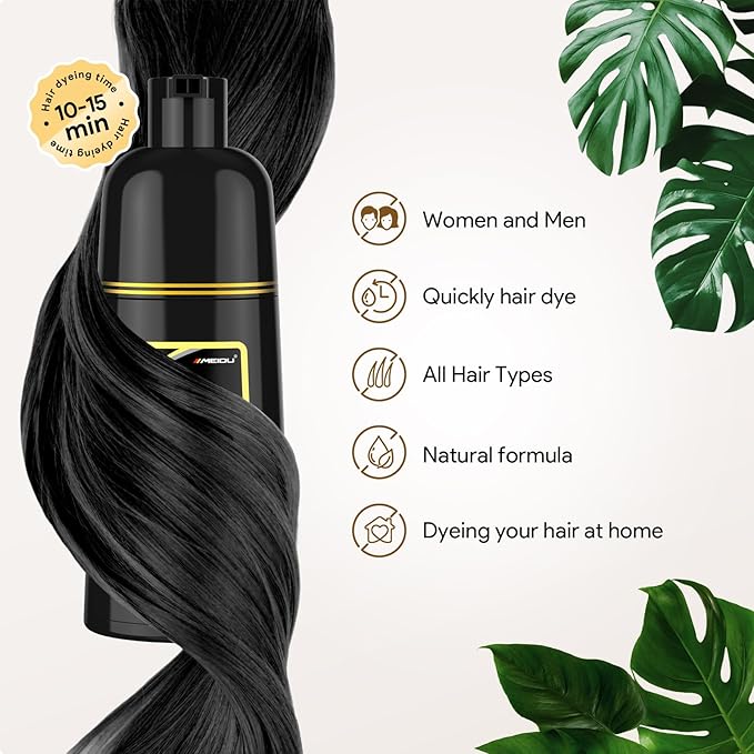 MEIDU Shampoo Shop Black Hair Dye Shampoo 3 in 1 for Gray Hair, Black Hair Dye for Women Men, Hair Color Herbal Ingredients Natural (500ml,16.9oz)