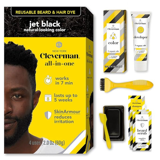 Cleverman Hair & Beard Dye Kit for Men, All-in-One Reusable Mens Hair Color, Natural Gray Coverage, Ammonia-Free Beard Mustache Dye for Men (Jet Black for Black Men)