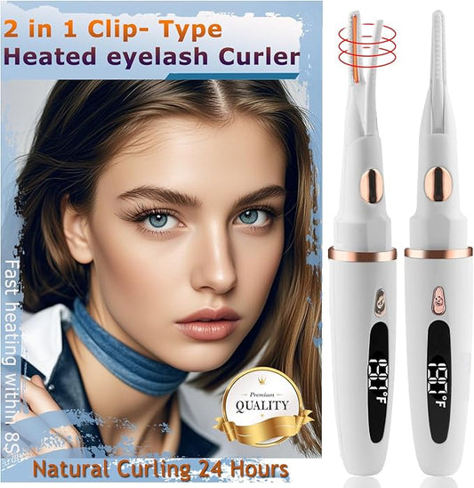 Heated Eyelash Curlers - 2 in 1 Clip- Type Heated lash Curler Best Seller Electric Eyelash Curler LED Display 3 Temp Settings for Makeup Tools USB Rechargeable Natural Curling 24H Long Lasting 11A
