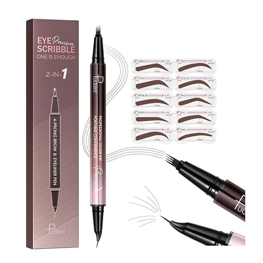 Pudaier 2-in-1 Curved Eyebrow Pen & Eyeliner with 10Pcs Brow Stencils, Microblading Eyebrow Pencil, Waterproof & Long Lasting, Cool Brown