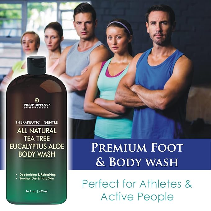 First Botany, ALL Natural Body Wash - Fights Body Odor, Athlete's Foot, Jock Itch, Nail Issues, Dandruff, Acne, Eczema, Shower Gel for Women & Men, Skin Cleanser -16 fl oz (Tea Tree Eucalyptus)