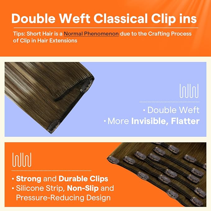 Full Shine Clip in Hair Extensions Balayage Clip in Extensions Blonde Human Hair Clip ins Double Weft Balayage Walnut Brown to Light Brown Mix Light Blonde 7 Pcs 24 Inch 120 G