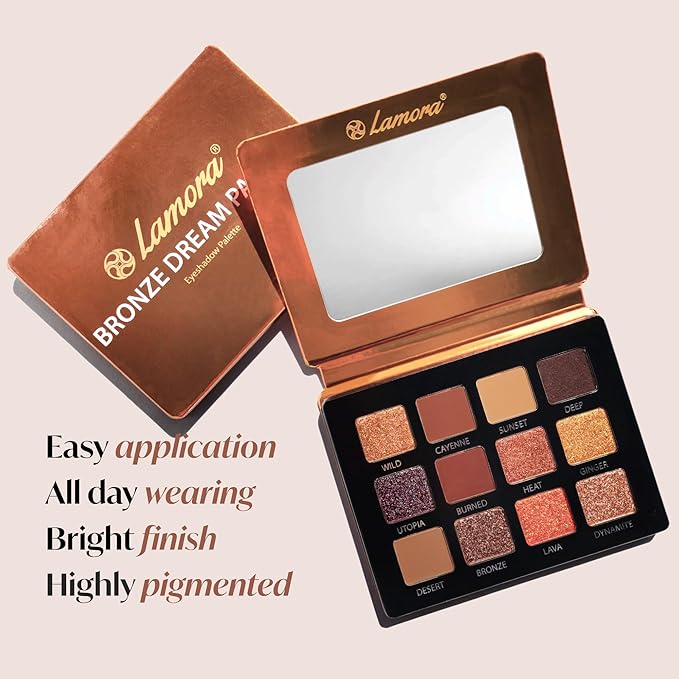 Lamora Nude Bronze Eyeshadow Palette - 12 Warm Brown Highly Pigmented Shimmer & Matte Shades - Travel Size Makeup Palette with Mirror
