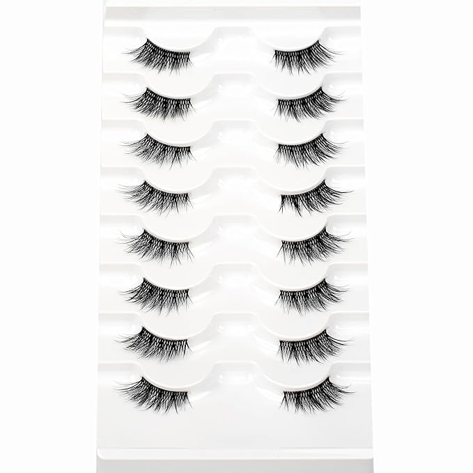 Natural Half Lashes Strips for Nude Makeup Fake Eyelashes Cat Eye Look Wispy Volume Fluffy 3/4 Band Asian Short Wispies Lashes 8 Pairs Small Accent Lash Clusters Extension Faux Mink Lashes Pack