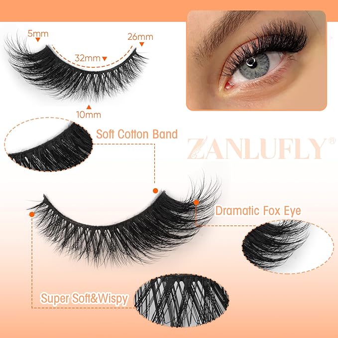 Mink Lashes Cat Eye False Lashes Fox Eye False Eyelashes Lashes Natural D-Curly Volume Fake Eyelashes Soft Handmade Lashes that Look Like Extensions Lashes Pack