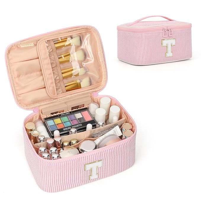 OCHEAL Makeup Bag for Women, Monogram Cosmetic Bag with Brush Holder, Pink Travel Makeup Case Beauty Toiletry Bag Organizer Personalized Gifts for Girls Bridesmaid, Sister, Wife, Friends Initial T