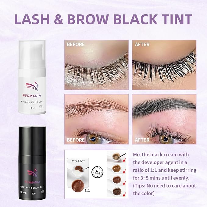 PERMANIA Lash Perm and Black Kit,Salon Grade Supplies for Eyelash Lift and Brow Lamination Black Ti-nt with Lash Lift Balm 4 IN 1 Fast Quick Curling & Coloring Natural Result Hair Color Developers