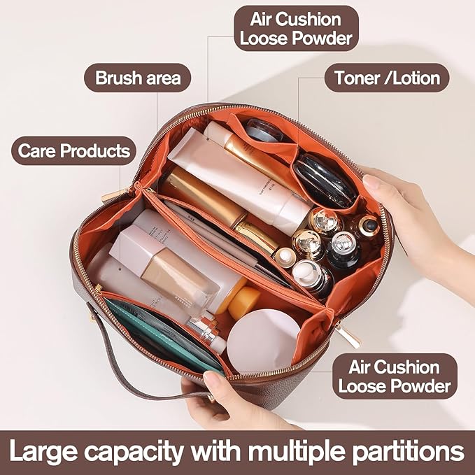 Makeup Bag, Travel Toiletry Bag for Women, Large Capacity Waterproof Plain Pattern PU Leather Cosmetic Bags Make Up Organizer Bags with Headband and Wristband Set (Brown)