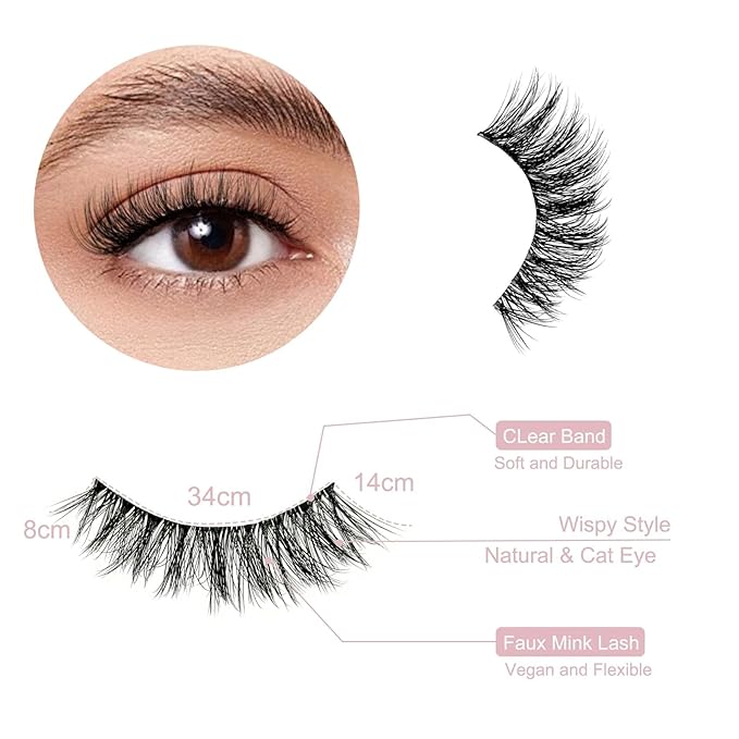 False Eyelashes Natural Look Wispy Fake Lashes Yasnai 8-14mm Short Cat Eye Lashes Volume Lashes Strips Lashes Natural Eyelashes Clear Band 6 Pairs Pack