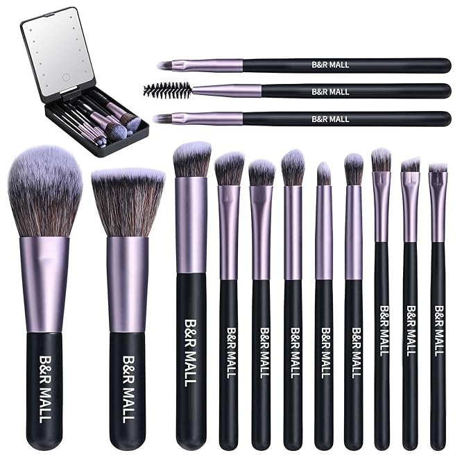 B&R MALL Makeup Brush Set with LED Mirror – Supper soft Brushes for Flawless Foundation, Concealer, Eyeshadow & More | Lightweight, Versatile, Perfect for On-the-Go Touch-Ups (Purple Black)