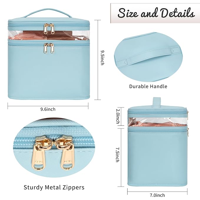 OCHEAL Large Makeup Bag, Double Layer Makeup Bag, Vertical Storage Cosmetic Case for Women/Girls with Multiple Compartments-Blue-xl