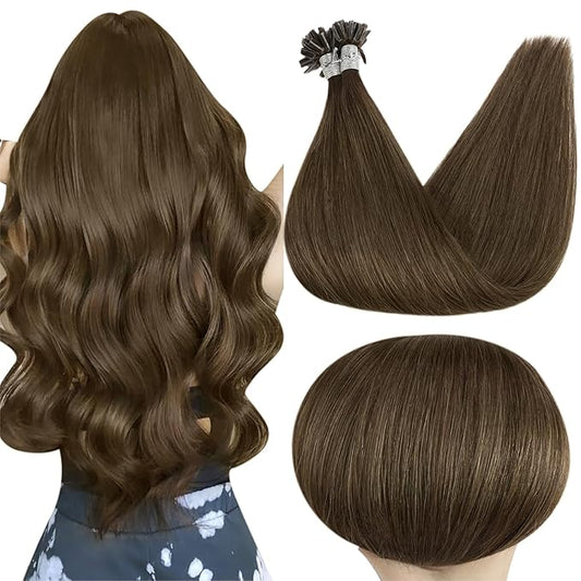 Full Shine K Tip Hair Extensions Real Human Hair Color 4 Medium Brown 18 Inch Long Straight Utip Extensions 50 Grams Glue in Hair Extensions Remy Hair