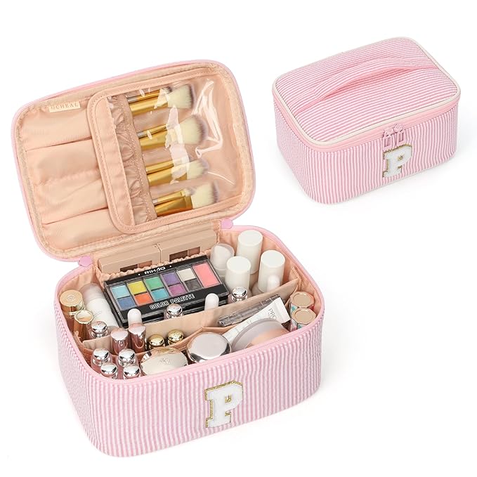 OCHEAL Makeup Bag for Women, Monogram Cosmetic Bag with Brush Holder, Pink Travel Makeup Case Beauty Toiletry Bag Organizer Personalized Gifts for Girls Bridesmaid, Sister, Wife, Friends Initial P