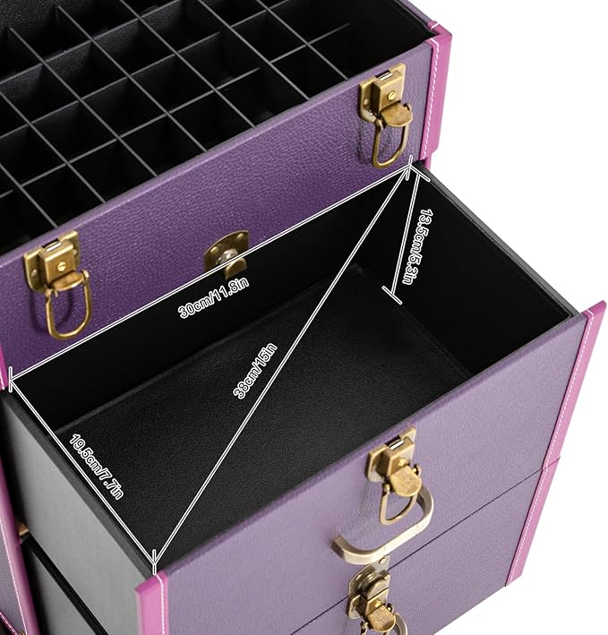 Makeup Train Case, Rolling Makeup Trolley Case, 3 Tiers Lockable Nail Polish Organizer with 2 Keys 4 Wheels (2 with Brakes) for Travel Makeup Artists Nail Technicians (Purple Case, Tan Lock)