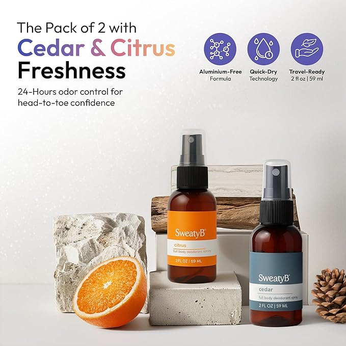 SweatyB® deodorant spray - Odor Protection with whole body deodorant for women & men - Travel Size, Skin-Safe, Vegan & Made in USA - Citrus & Cedar spray - 2 Oz - Pack of 2