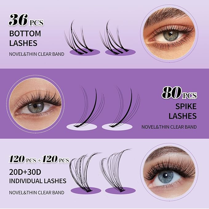 DIY Lash Extension Kit Lash Clusters With Bottom Lashes 20/30/40/50D 12-18mm Multi-types Individual Lashes Bond and Seal, Spike, Volume Lashes Kit Lash Applicator(20/30 Kit)