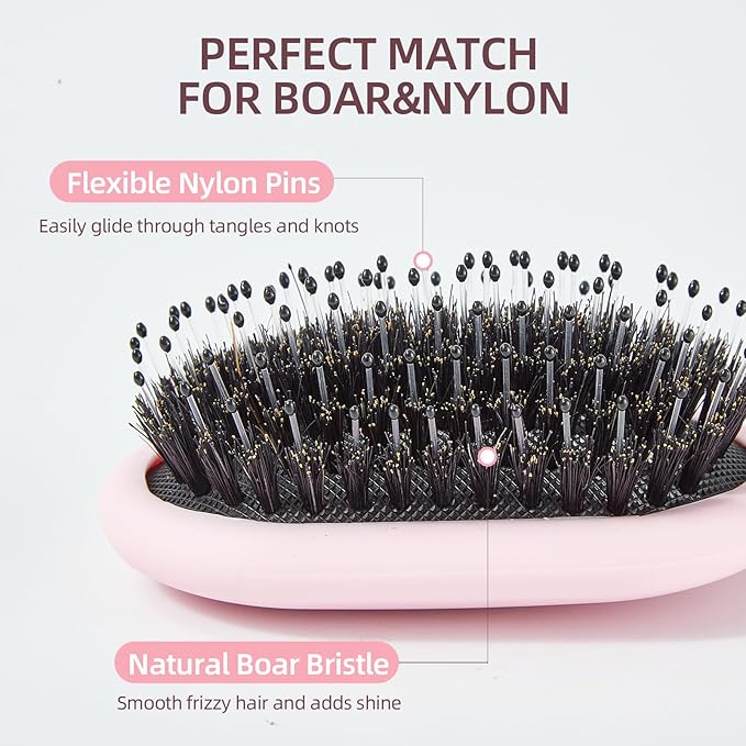 Boar Bristles Hair Brush for Women Men and Kids, Detangling Hair Brush for Smoothing Massage Add Shine, Nylon&Boar Bristles brush for Hair Healthy, Easy to Storage(Pink)