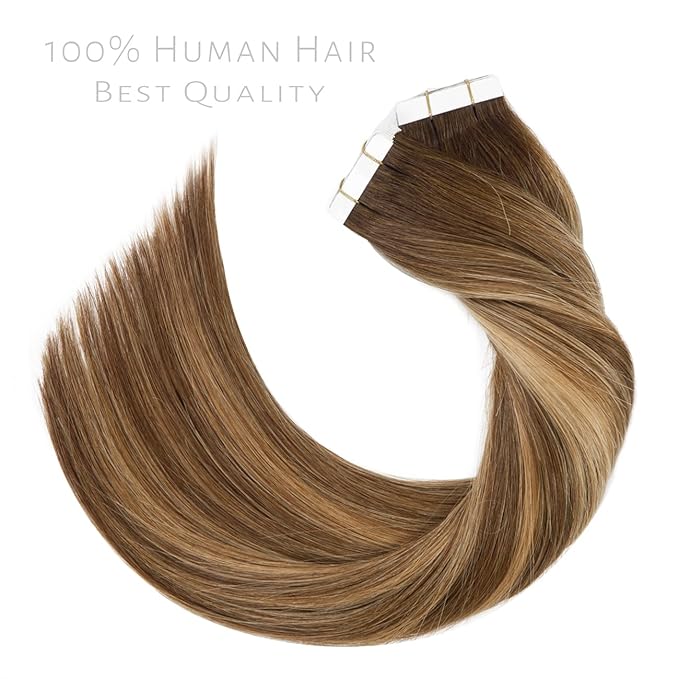 Lacer Tape in Hair Extensions Human Hair 40 Pieces 100 Grams Chocolate Brown with Strawberry Blonde Highlights Natural Human Hair Tape ins R#4-4/27 22 Inches