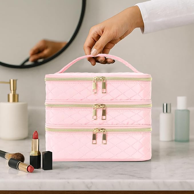 Travel Makeup Bag for Women Three Layer Large Cosmetic Case Water-resistant Toiletry Bag Organizer for Store Toiletries Cosmetic Accessories and Manicure Sets Pink