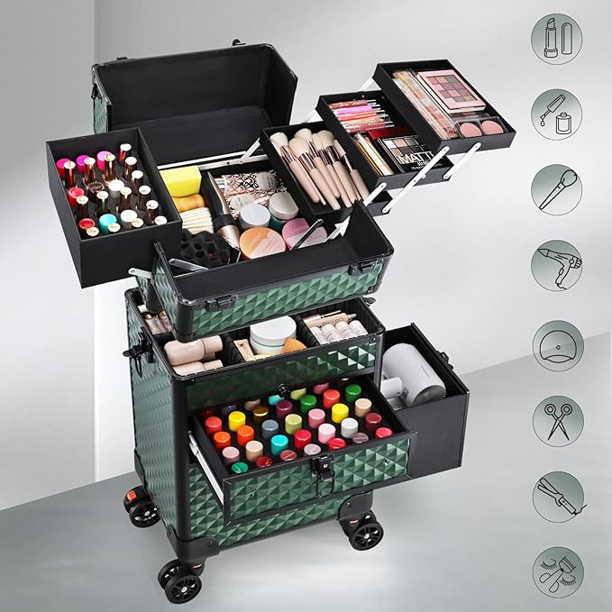 Joligrace Rolling Makeup Case with Wheels & Drawers Large Professional Cosmetology Trolley Case Travel Cosmetic Storage Train Cases for Nail Technicians, Makeup Artist and Hairstylist Dark Green