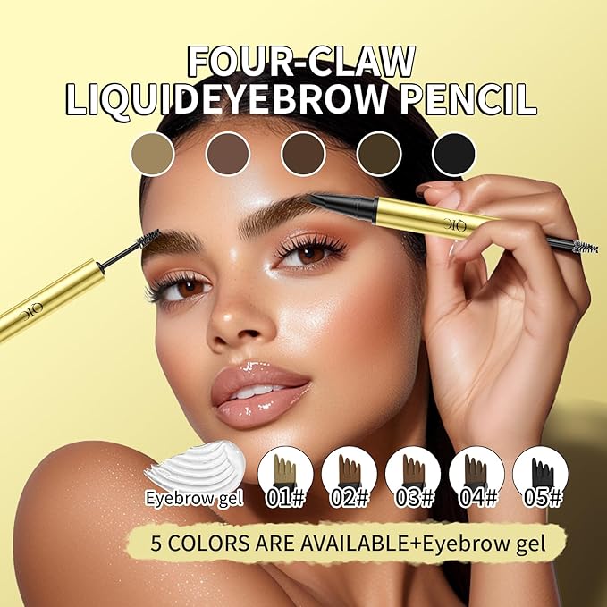 QIC Eyebrow 4 Tip Brow Pencil,Microblading Eyebrow Pencil, 2-in-1 Eyebrow Pen and Sealing Brow Gel,Waterproof Long-lasting Magic Eyebrow Pencil for Natural Makeup(Brown)