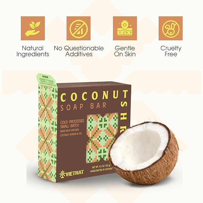 Coconut Shreds Soap Bar (Pack of 3) – 2-in-1 Cleansing & Exfoliating, Cold Process Handmade Bar with Real Coconut, Nourishing Body Soap, Made in Vietnam