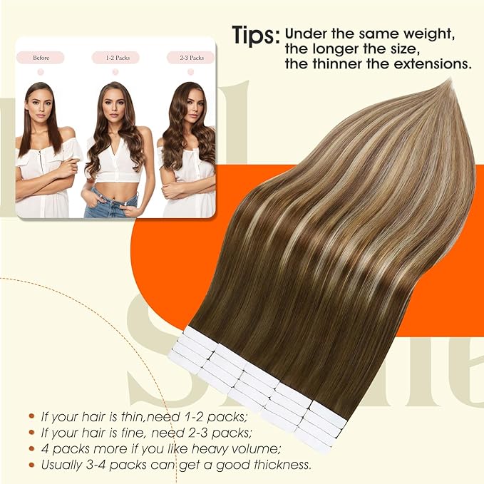 Full Shine Tape in Hair Extensions Real Human Hair Remy Hair Extensions Tape ins Balayage Color 4/27/60/8 Brown And Blonde Tape Hair Extension 14Inch Seamless Invisible Straight Hair 50G 20Pcs