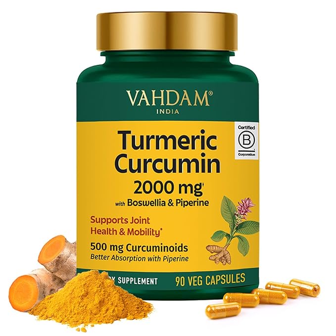 VAHDAM Turmeric Curcumin Supplement 2000mg (500mg Curcuminoids) with Boswellia & Piperine for Fast Absorption | Supports Joint Health and Mobility | 90 Capsules