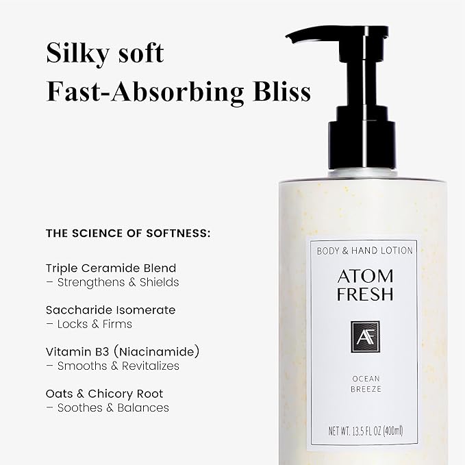 Atom Fresh Body Lotion for Women, Hydrating & Firming Body Moisturizer for Dry Skin, Ceramide & Niacinamide Skin Barrier, Non-Greasy Vitamin E Lotion, Comfy Woody Scent, 13.5 fl oz