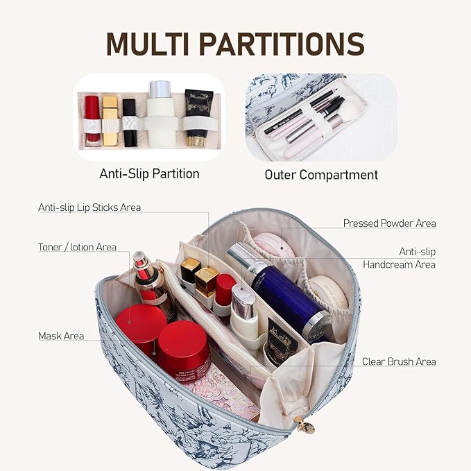 Large Capacity Cosmetic Bag for Women, Waterproof PU Leather Makeup Bag for Travel,Toiletry Bag Make up Organizer with Divider and Handle (Blue)