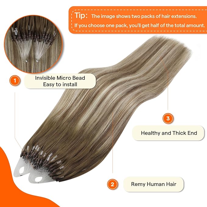 Full Shine Micro Loop Hair Extensions Real Human Hair 22 Inch 50 Grams Color 3 Brown to 8 Ash Brown and 22 Blonde Cold Fusion Extension Long Straight Remy Hair add Length