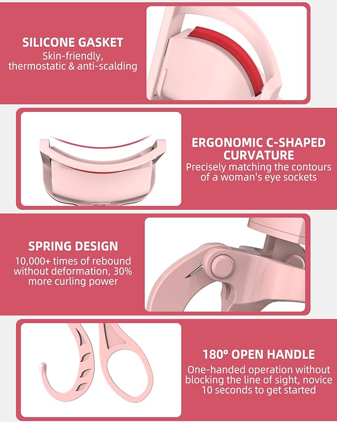Heated Eyelash Curler, 5S Fast Heating Electric Eyelash Curler, Safe Anti-Scald Eyelash Curlers with Silicone Pad, Type-C Quick Charge, Intelligent Temp Control, 24H Long-Lasting Curls (Pink)