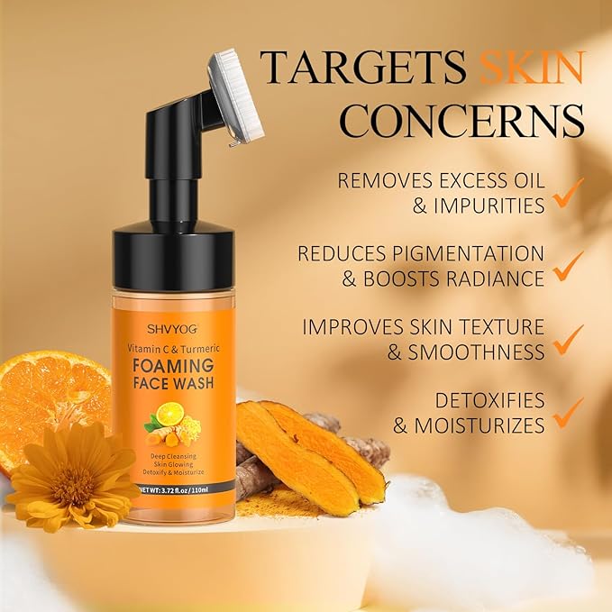 SHVYOG Vitamin C Turmeric Face Wash, Turmeric Foaming Facial Cleanser for Dark Spot, Uneven Skin Tone, Skin Cleansing, Moisturizing, Exfoliating Facial Cleanser with Brush,Unisex
