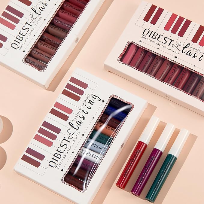 Matte Liquid Lipstick Set - 12 Pcs Long Lasting & Waterproof Lipstick Kit, Non Transfer Lip Stain with Nude, Dark Red | Full Coverage Lip Gloss Makeup Set for Women