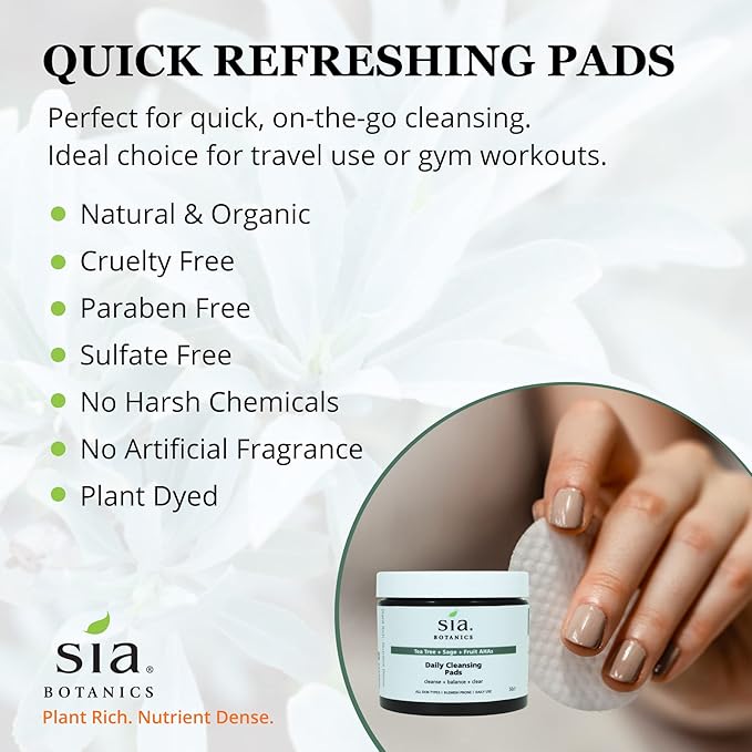 Sia Botanics Tea Tree Daily Cleansing Pads for Face (50ct Tub) | Facial Applicator w/Tea Tree, Sage, Fruit AHAs | Natural, Clean, Botanical Skincare for Women