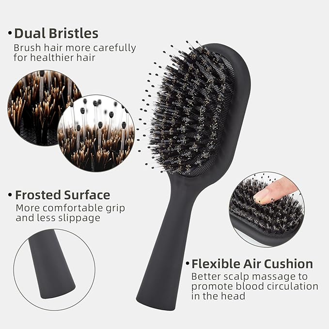 Boar Bristles Hair Brush for Women Men and Kids, Detangling Hair Brush for Smoothing Massage Add Shine, Nylon&Boar Bristles brush for Hair Healthy, Easy to Storage(Black)