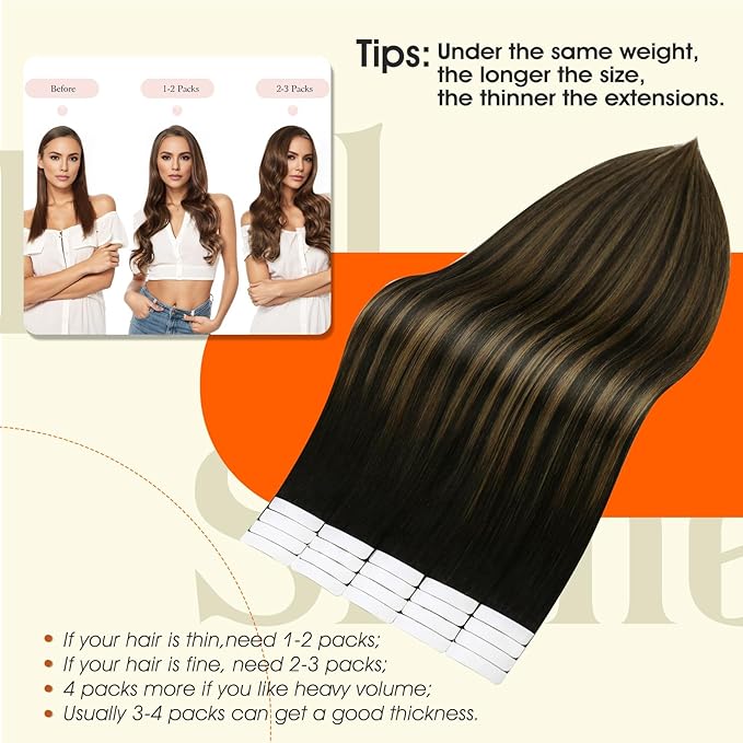 Full Shine Ombre Tape in Extensions Human Hair Color Balayage 1B/6/1B Hair Extensions Tape ins Invisible Tape ins Human Hair Extensions 16 Inch Seamless Straight Extension 50Gram 20Pcs for Party