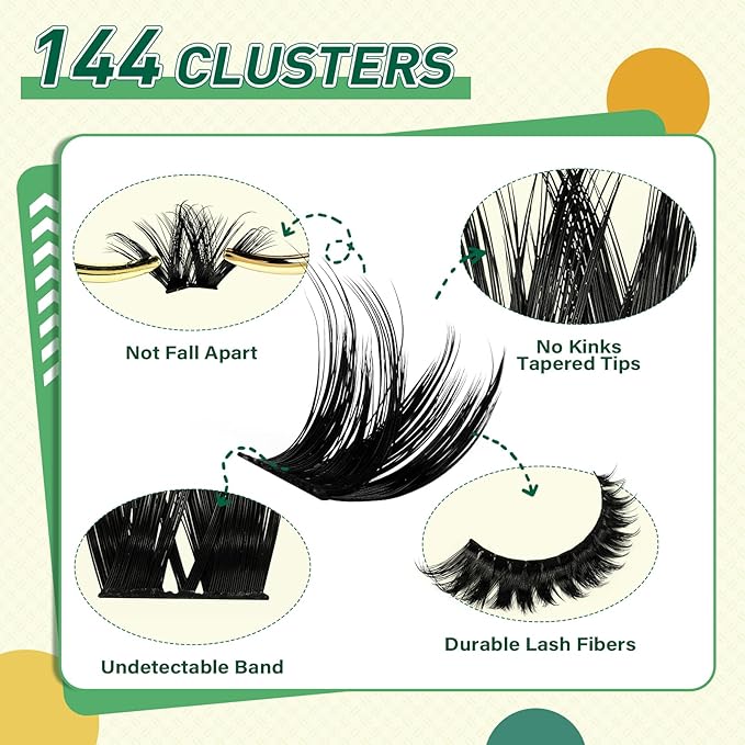 DIY Lash Extension Kit 144pcs 8-18MIX Lash Clusters with Super Hold Mascara Brush Bond and Seal Lash Remover Lash Applicators Lash Brush for KEYYOU DIY Lash Kit (Y10 Kit)
