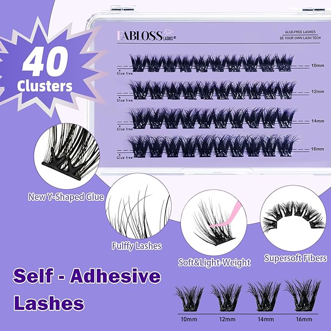 Fabloss Self Adhesive Eyelashes Clusters 40Pcs-Thick Volume Lashes Press On Lashes Self Adhesive Lashes Pre-Glued Lashes Clusters Kit No Remover No Residue with Tweezers 14-16MM